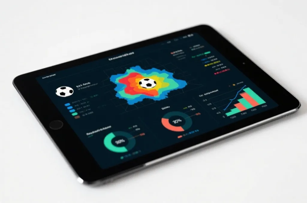 A modern sports data visualization on a tablet screen, showing generic team heatmaps and passing accuracy graphs, clean design